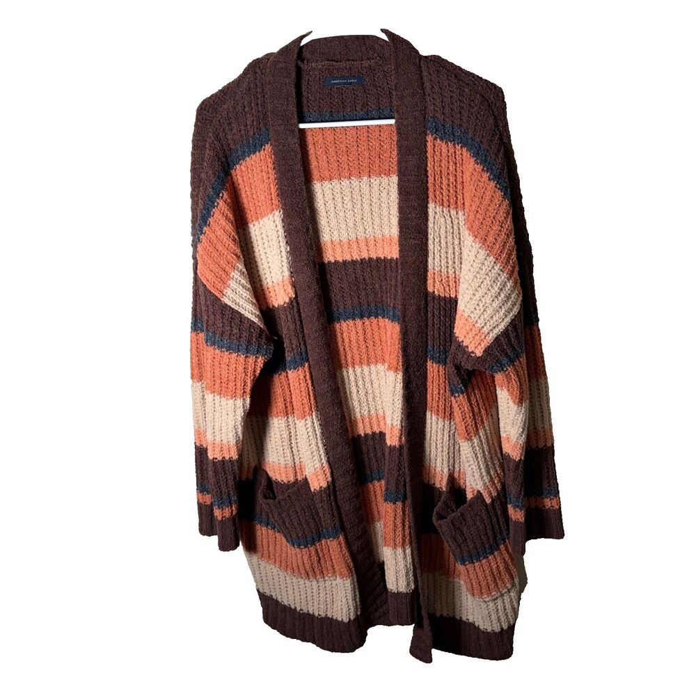 American Eagle Cardigan Sweater Women's L/XL Striped Chenille Plush Open